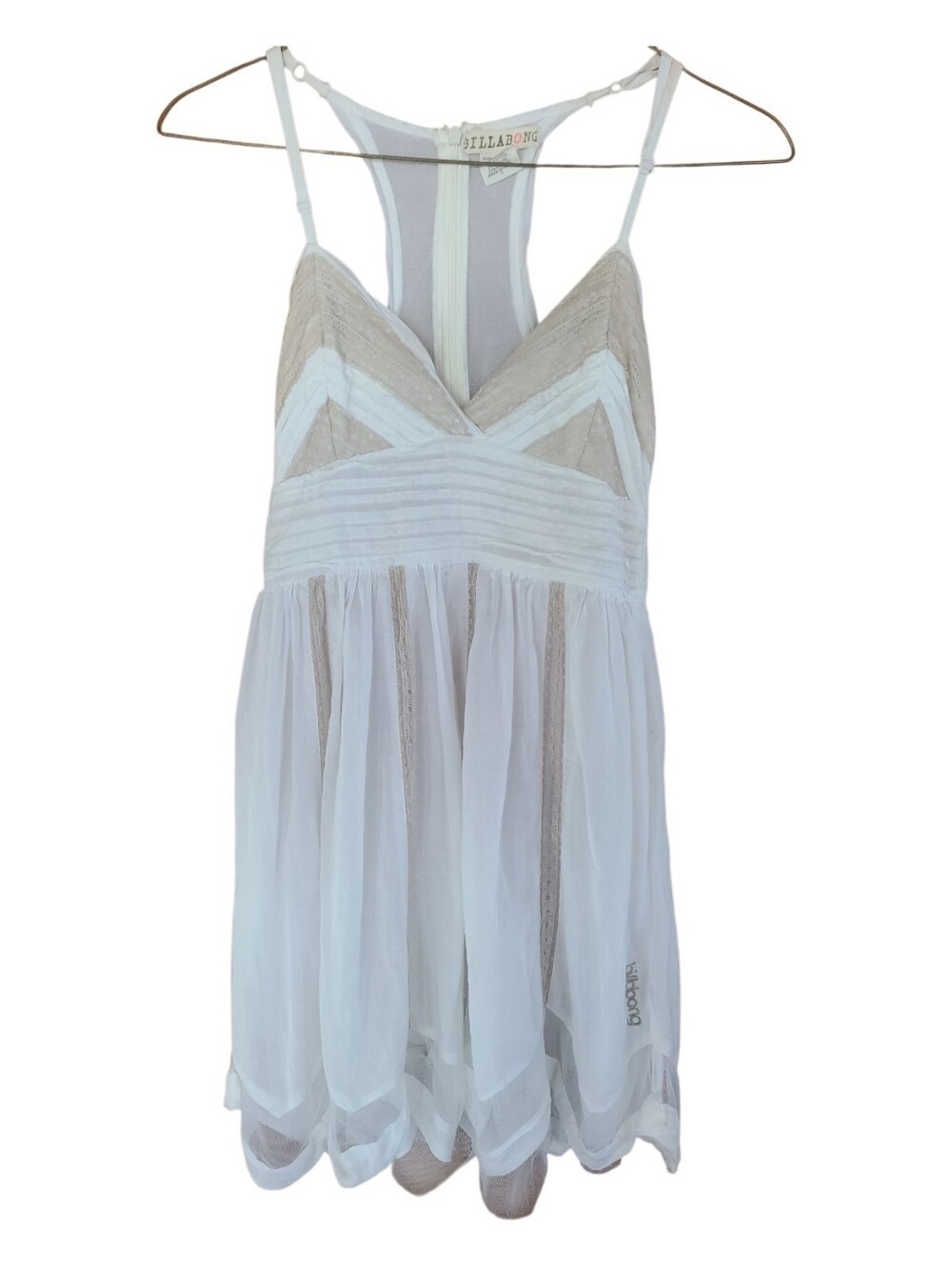Billabong Cream Boho Babydoll Mini Dress Gauze Beach CoverUp Racerback Small